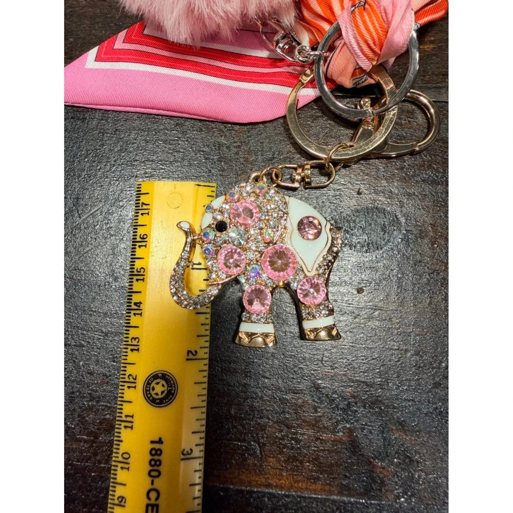 Rhinestone Elephant Keychain Purse Charm Pink Pom Pom Horse‎ Scarf